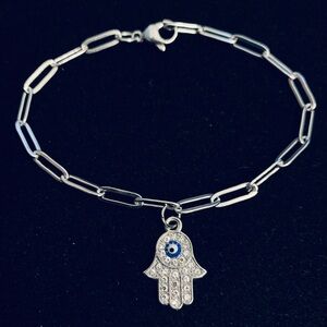 Rhinestone Hamsa Hand Evil Eye “paper clip” chain bracelet